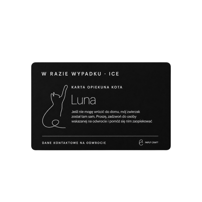 Czarna karta ICE dla opiekuna kota – przód