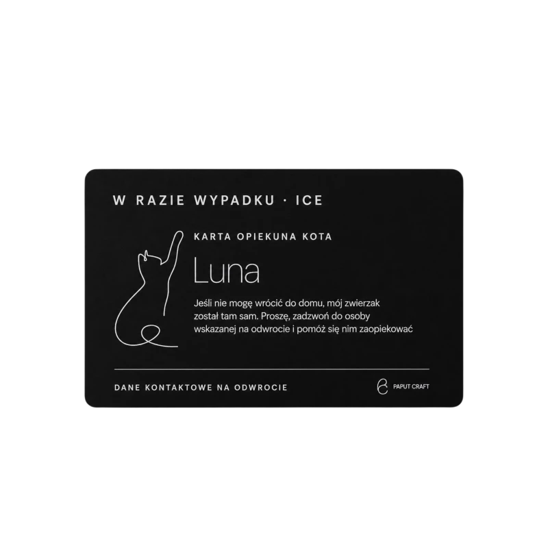 Czarna karta ICE dla opiekuna kota – przód