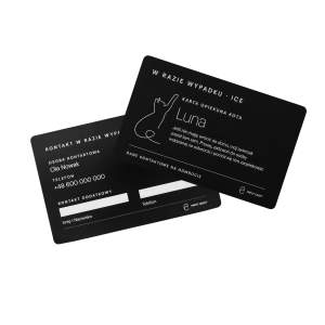 Czarna karta ICE dla opiekuna kota – przód i tył
