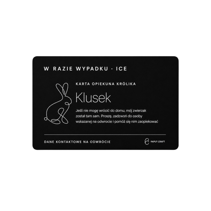 Czarna karta ICE dla opiekuna królika – przód
