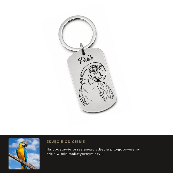 Personalizowany brelok z grawerem papugi – warianty kształtu wykonane na podstawie zdjęcia